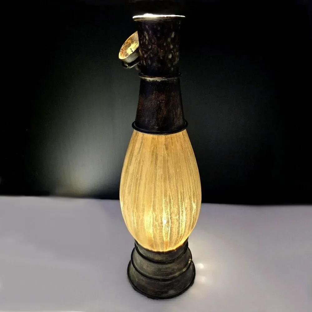 Vintage Decorative Decanter Urn Frosted Ribbed Glass & Metal w/ Horn Lid & Chain